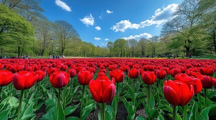 A field of red tulips blooming in a park on a sunny day.