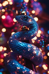 Fototapeta premium A vibrant snake entwined on a decorative post amidst colorful holiday lights during a festive evening
