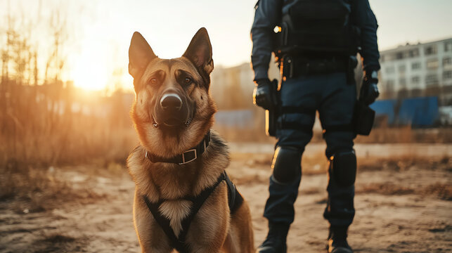 K9 police officer with a trained dog, ready for action, K9 unit, police work with dogs