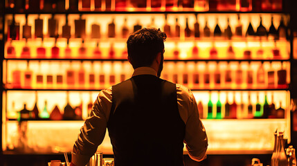 Bartender arranging bottles backlit shelf, preparing busy evening, bar setup, bartender organization