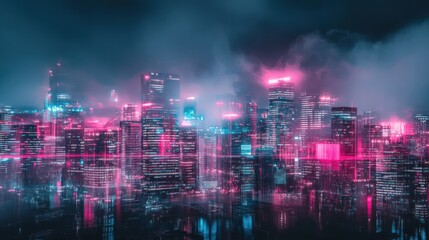 A futuristic cityscape with neon lights and a foggy sky reflecting in the water.