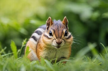 Obraz premium a weird chipmunk on the green grass.