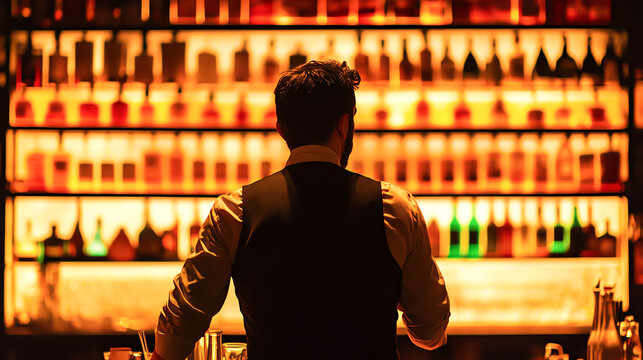 Bartender arranging bottles backlit shelf, preparing busy evening, bar setup, bartender organization