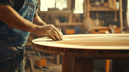 Carpenter building a custom wooden table, sanding down the edges for a smooth finish, custom carpentry, furniture making