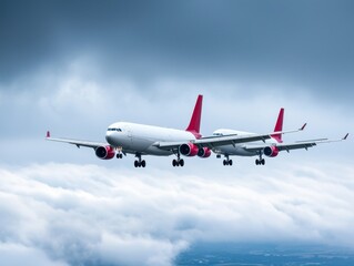Obraz premium Two planes flying through a cloudy sky, showcasing aviation in action.