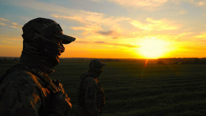 Silhouetted soldiers at sunset on an open field. Two soldiers in camouflage attire are silhouetted...