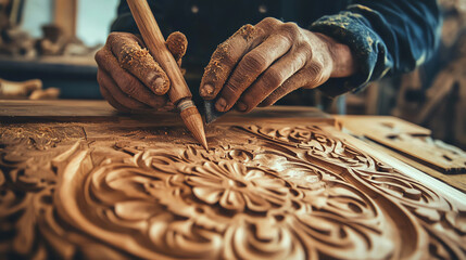 Carpenter carving intricate designs into a wooden panel, showcasing craftsmanship, wood carving, artisanal carpentry