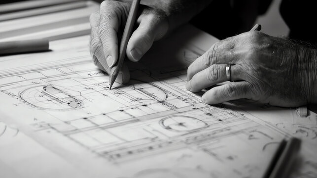 Carpenter creating a detailed blueprint for a custom furniture piece, planning and design, woodworking design, custom furniture