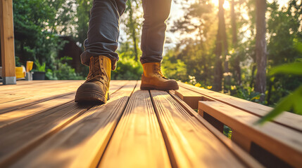 Carpenter working on a wooden deck, framing the structure with detailed craftsmanship, deck building, outdoor carpentry