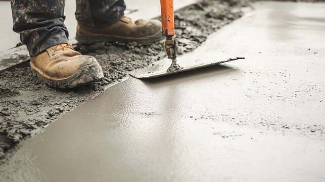 Construction worker smoothing wet concrete with a trowel, foundation work in progress, concrete work, construction skills