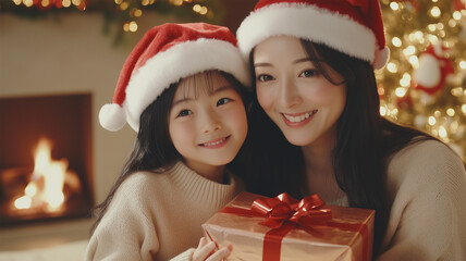 クリスマスプレゼントを共有する母娘