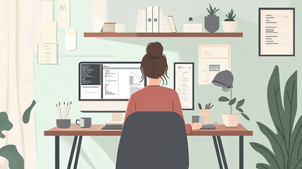 Freelancer using a computer in a cozy home office with a minimalist setup, freelance work, remote productivity