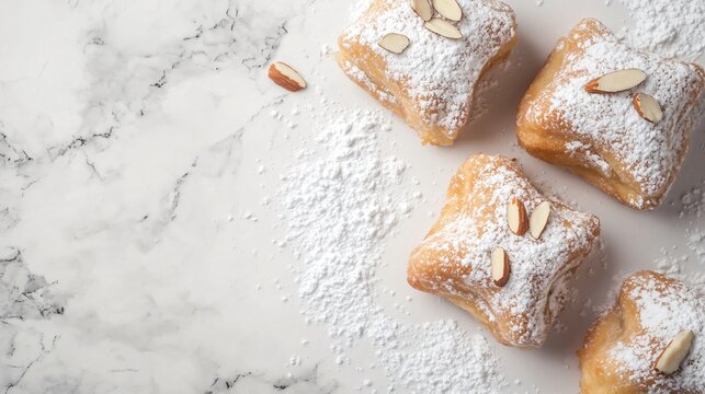Almond-filled beignets, isolated on a light marble surface, with almond slivers and a dusting of powdered sugar as decorative elements