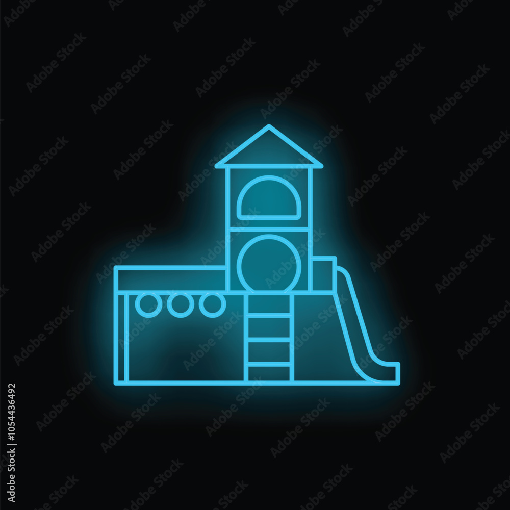 Poster glowing blue neon icon representing a children's playground structure featuring a tower and a slide