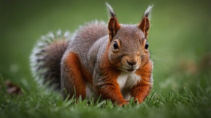 Obraz premium a red squirrel sits in the green grass