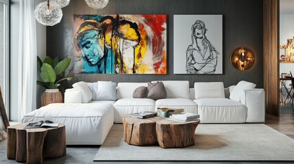 Stylish living room with modular white sofa, wooden furniture, paintings, and decorations