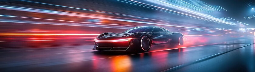 Sleek sports car racing through neon-lit urban streets at night.