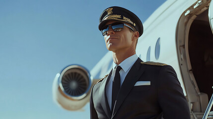 Private jet pilot in a sleek uniform, standing by the aircraft, private pilot, luxury aviation