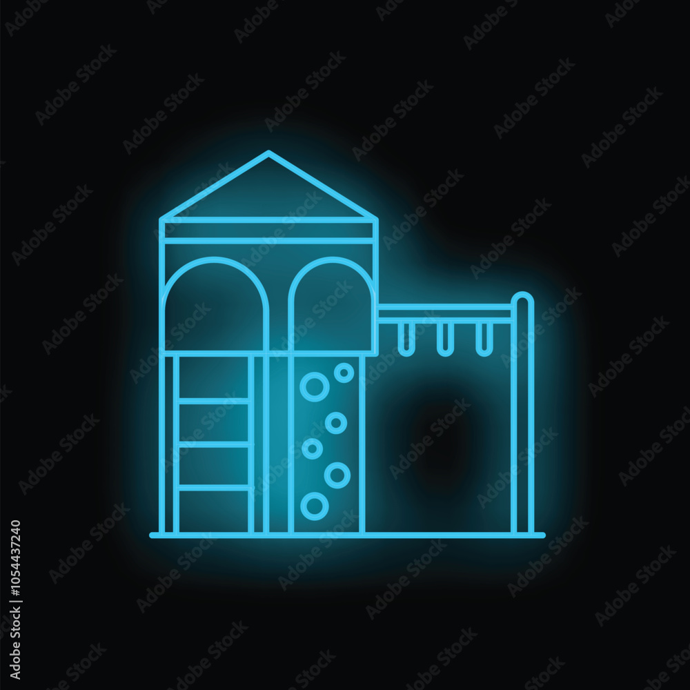 Poster glowing neon icon representing a children playground structure with climbing wall and slide, suitabl