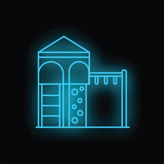 Glowing neon icon representing a children playground structure with climbing wall and slide, suitable for apps or websites