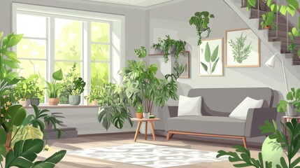 爽やかな春の雰囲気を演出する、緑豊かな植物とミニマリストな装飾が施されたモダンなスカンジナビア風リビングルーム