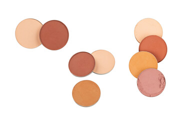 Eyeshadow crushed palette, colorful eye shadow powder isolated on a white background.