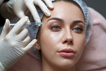 Closeup shot of young Caucasian woman getting beauty cosmetic injection in forehead, beautiful lady getting anti-aging treatment
