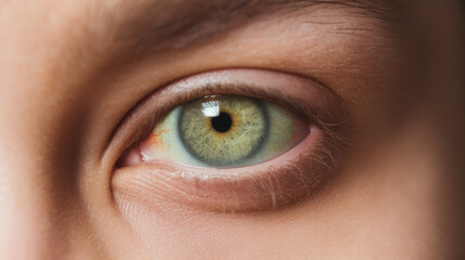 Obraz premium Close-up of a hazel eye with intricate details, showcasing vibrant green tones and a striking pupil. The subject appears engaged and focus is on the eye's textures.