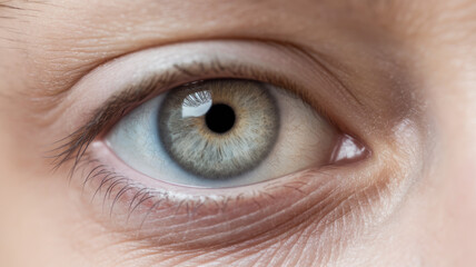 Close-up of a blue-gray eye, showcasing intricate details of the iris and pupil. The eye appears calm and reflective, with subtle variations in color and texture.