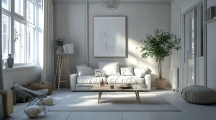 Stylish Scandinavian lounge featuring sleek furniture and organic design elements ideal for modern lifestyle or home d?(C)cor visuals home decor
