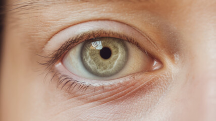 Obraz premium Close-up of a human eye showcasing striking green iris with intricate details and unique patterns, reflecting light and exhibiting a sense of depth and curiosity.