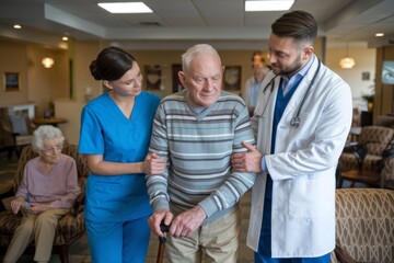 Obraz premium Nurse doctor senior care caregiver help assistence retirement home nursing elderly man woman health support walking cane stick 