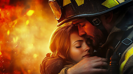 Firefighter comforting a victim after rescuing them from a fire, showing empathy and care, firefighter compassion, rescue operation