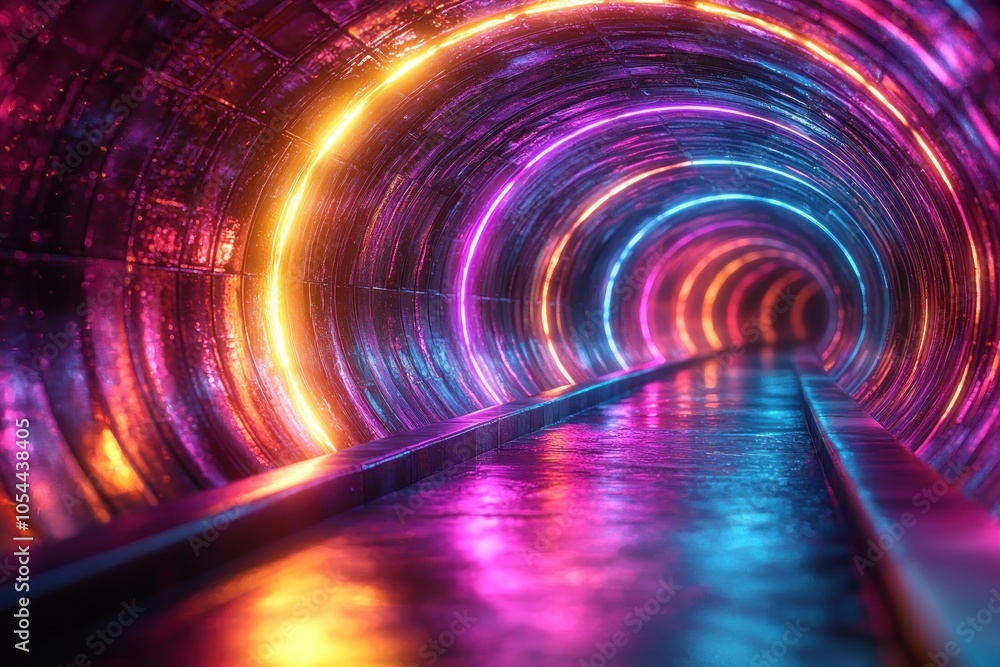 Poster neon lights illuminate a circular tunnel with a wet path