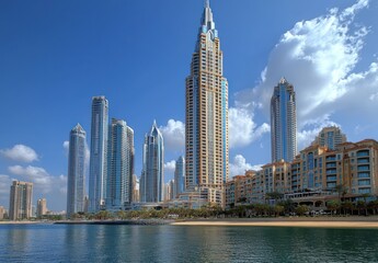 Obraz premium Tall Modern Skyscrapers Line a Sandy Beach in Dubai