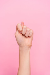 Cropped close up vertical portrait of girl hand fist fig show letter t gesture isolated on pink...