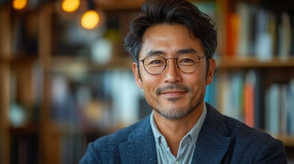 Obraz premium Middle-aged Asian man engaging in an online meeting at a cozy workspace during the day