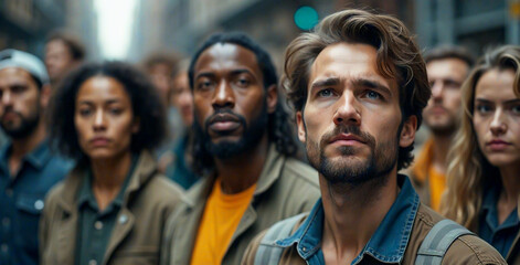 Obraz premium A group of people stands together on a city street, with serious and determined expressions. They convey a sense of solidarity and shared purpose.