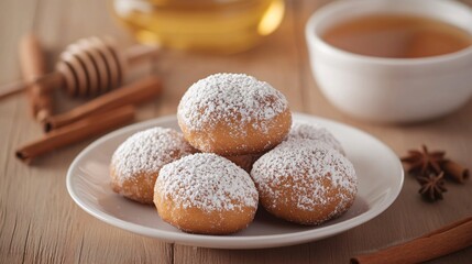 Freshly made beignets dusted with powdered sugar, served on a white ceramic plate, isolated on a wooden background with a side of honey and cinnamon sticks