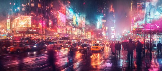Fototapeta premium A rainy night in the city with blurry lights and silhouettes of people walking on a wet street.
