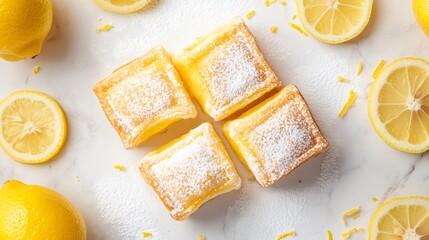 Lemon custard-filled beignets, isolated on a light marble surface, with lemon slices, lemon zest, and powdered sugar as decorative elements