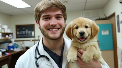 This modern, state-of-the-art clinic radiates a warm, welcoming atmosphere for both pets and their owners, with a veterinarian lovingly cuddling an adorable puppy.