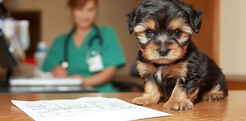 The foreground shows a cute pet with a veterinarians hand and pet insurance paperwork, a concept created with Stock software