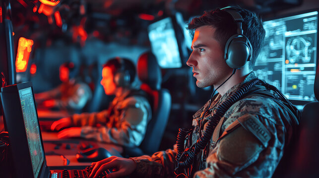 Military personnel operating hightech communication equipment, coordinating tactical moves, military technology, field operations