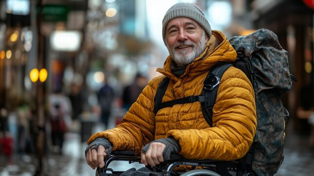Wheelchair user advocating for accessibility improvements in busy urban area during the day