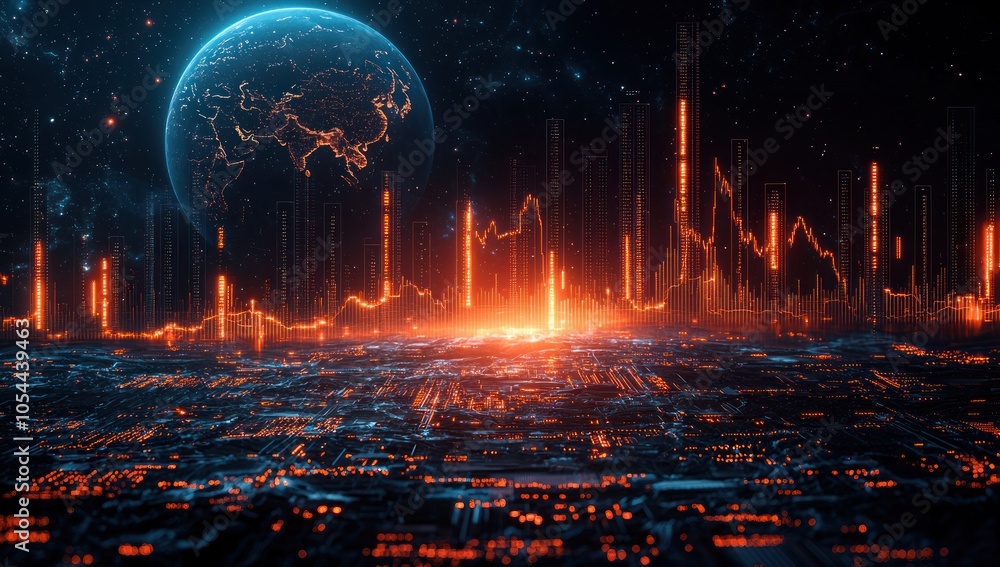 Poster Futuristic Cityscape with Earth and a Data-Driven Graph