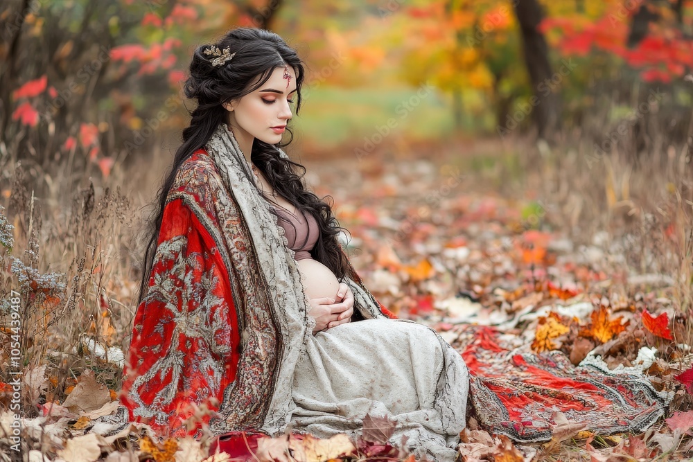 Poster expectant mother in cozy fall attire sits in a forest setting surrounded by vibrant autumn leaves ca