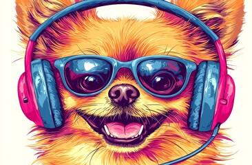 Fototapeta premium Cartoon spitz puppy wears blue headphones on white background, makes eye contact with camera, and has empty space around him. Great for digital artwork, merchandise, and prints.