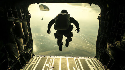 Paratrooper descending from a plane with a parachute, ready for a mission, airborne military, combat deployment