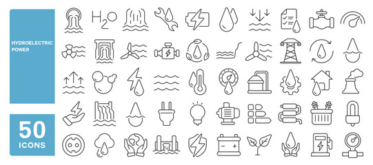 Set of 50 line icons related to hydroelectric power, hydro, station, dam, water, energy, waterfall, electricity, turbine, Editable stroke. Vector illustration